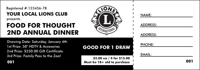 Lions Club International Black and White Raffle Ticket Product Front
